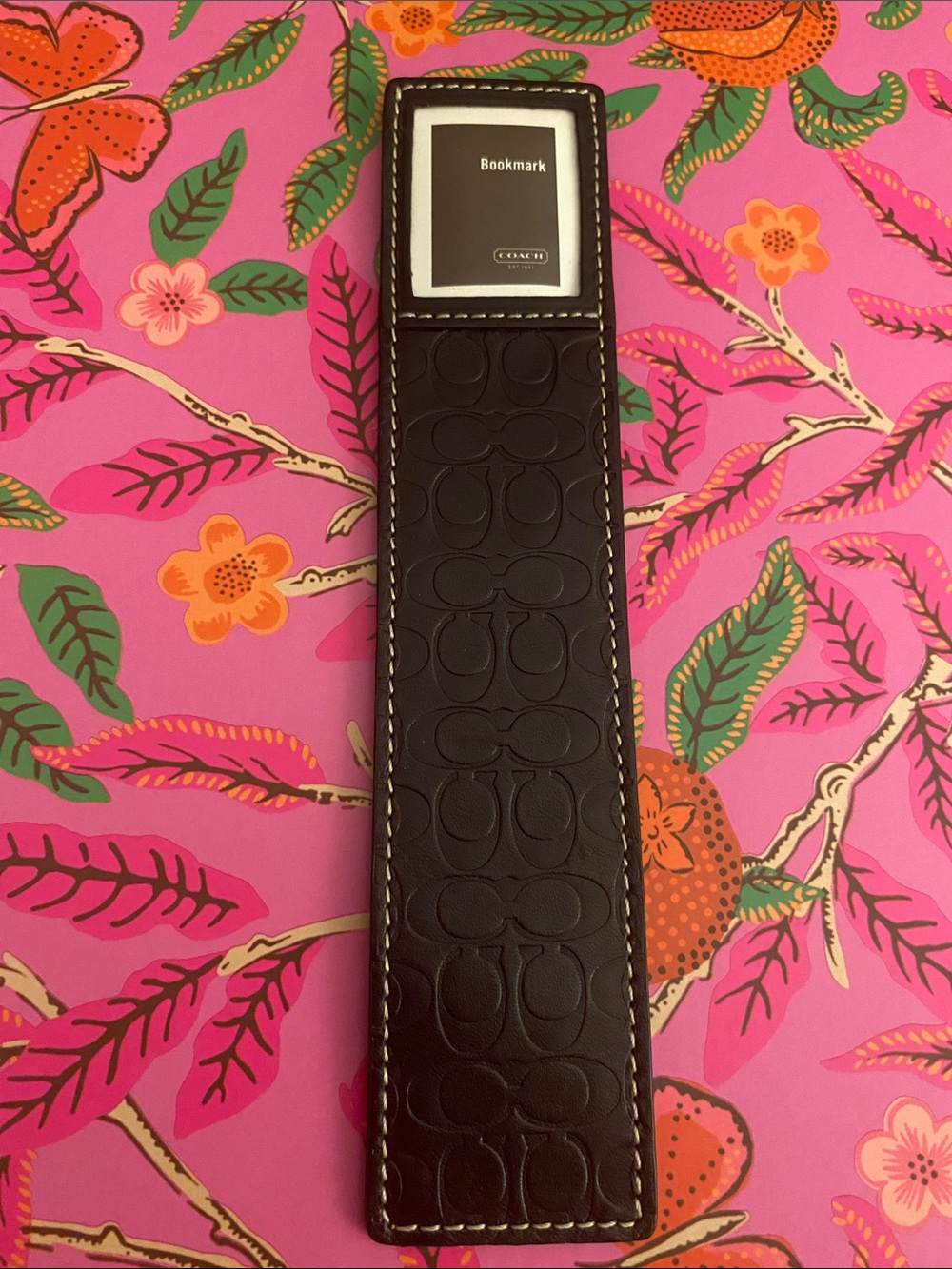 Coach Black Embossed Leather Bookmark with White Stitching